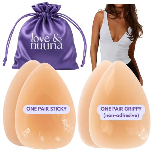love & nuuna Triangle Adhesive & Non-Adhesive Nipple Covers Two Pairs - Sticky & Grippy Nipple Cakes - Reusable & Waterproof Pasties (Honey, Small (Fits A - D+))