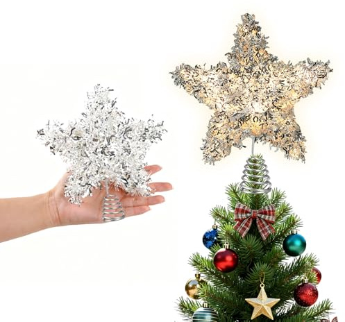 Christbaumspitze Tinselstern, Exquisite Weihnachtsdekoration, Mini Glitzernd Silber 6 Inch Christbaumschmuck mit 6H Timer, 10 LED Lichter für Weihnachtsbaum, Feiertage & Party, Indoor/Outdoor Zuhause