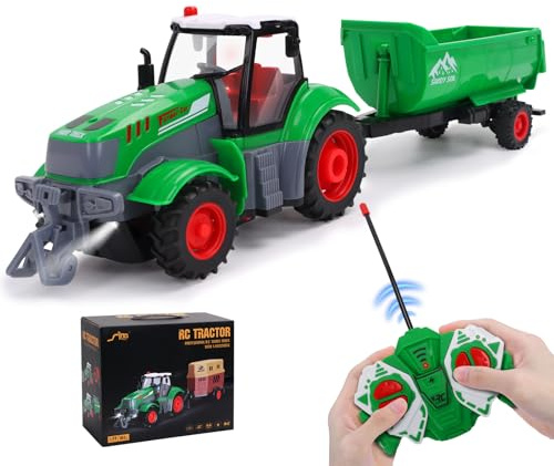 HuiJuKeJi Remote Control Tractor,1/24 Scale with Dump Trailer, Rechargeable RC Farm Vehicle Toy with Light and Sound for Kids, Ideal Christmas Birthday Gift for Boys and Girls Ages 6+