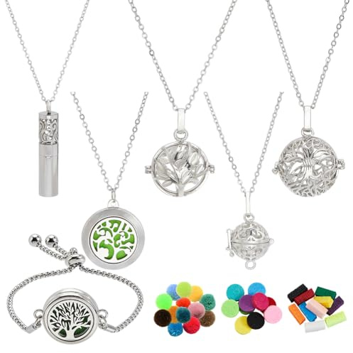 SUNNYCLUE 4 ensemble de Collier Diffuseur D'Huiles Essentielles 1 bracelets Diffuseurs D'Aromathérapie avec Tampons de Recharge Boules Noyaux Arbre de Vie Lotus Chaînes en Acier Inoxydable Bijoux pour