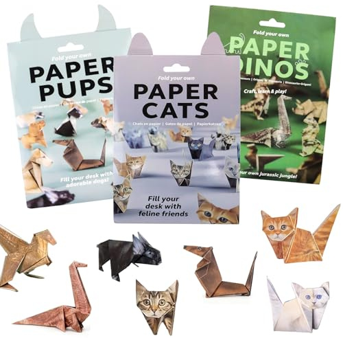 Qibivfo DIY Papier Katzen Origami Kit,150 Blätter 3D Katze、Hund、Dinosaurier OrigamiPapier Set,Drei Handgefertigte Tier faltpapier Kit,für Erwachsene Kinder Tierliebhaber,für Weihnachten Geschenke