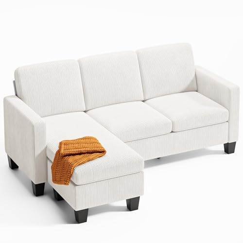 Xbro Ecksofa L-Form Sofa 3-Sitzer mit Chaiselongue, kleines Ecksofa aus Leinen-Baumwoll-Mischgewebe, Cord Cloud Sofa, 188 x 136,5 x 89 cm, Weiß