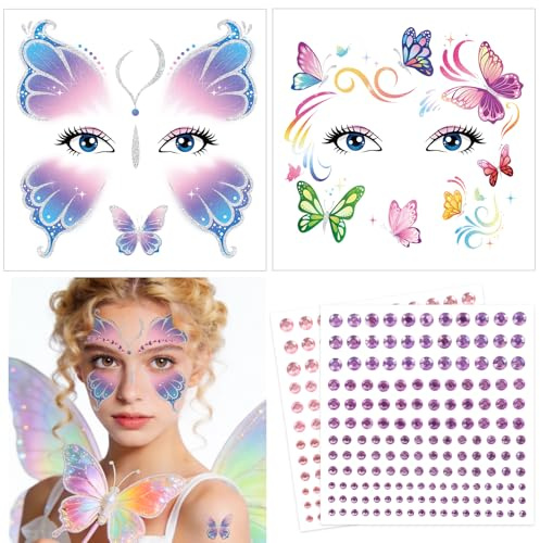 DPKOW Karneval Gesichtstattoos Schmetterling Kostüm Damen Accessoires, Schmetterling Temporäre Tattoos Glitzersteine Gesicht Schminke Zubehör Faschingskostüme Damen Erwachsene Accessoires Karneval
