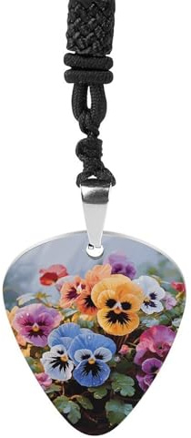 LOKLNEYK Pansy Flowers Necklaces Guitar Pick Holder Pendant Necklace Stainless Steel R&B Music Jewelry for Music Lover