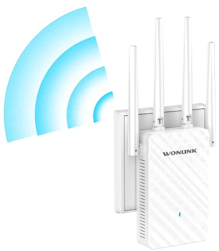 WONLINK Repetidor WiFi, 1200Mbps Amplificador Señal WiFi Doble Banda 5G/2.4G con 4 Antenas Externas, 3 Modos(Repetidor/Router/Ap), Puerto Ethernet, WPS/MU-MIMO, Luz Indicadora, Interior, Enchufe EU