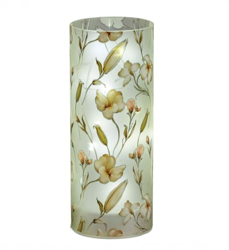 formano LED-dekoration, ljus, blomrum, cylinder, glas, 20 cm, blommotiv, timer 6 h/18 h, batteridriven (3 × AA), stämningsfullt atmosfärsljus för bord, fönsterbräda och hylla