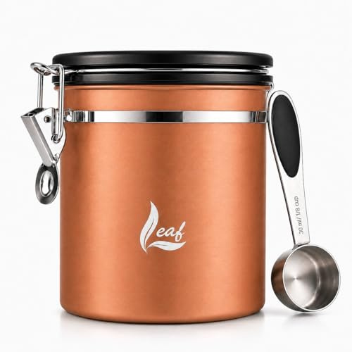 Leaf Kaffeedose luftdicht Edelstahl 1500 ml – mit CO₂ Ventil für längere Frische & weniger Aromaverlust – Kaffeedose mit Datumsanzeige & Messlöffel – Kupfer Design