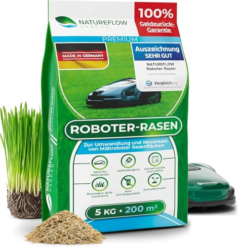 Roboter Rasensamen Schnellkeimend 5kg Sommer – TEST SEHR GUT - Selbstdüngend Roboter Rasensaat für ALLE Mähroboter - 100% Keimgarantie - Nachsaat Grassamen von NATUREFLOW Made in Germany
