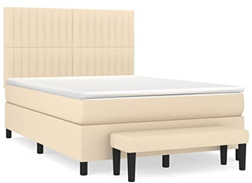 QJBSAVVA Boxspringbett 140x200 cm Stoff Bettanlage mit Matratze und Topper Komplettbett Creme Polsterbett mit Kopfteil hoehneverstellbar Bettbank Schlafzimmer