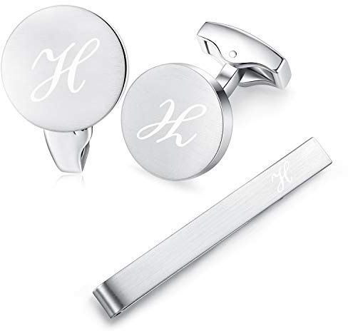 HONEY BEAR Manschettenknöpfe Krawattennadel Set Initialen Buchstabe Herren Edelstahl Hochzeit Cufflinks Manschettenknopf Silber (H Set)
