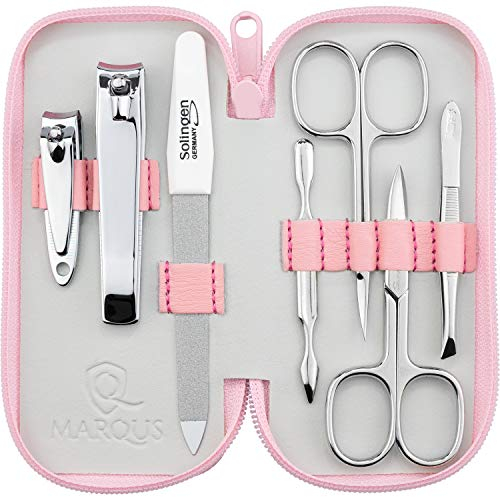 Solingen Set Manicure Uomo e Donna – Kit da 7 Pezzi con morbido Etui in Vera Pelle. Include Forbicine e strumenti di qualità per Mani e Piedi. Perfetto per viaggi e cura elegante delle Unghie