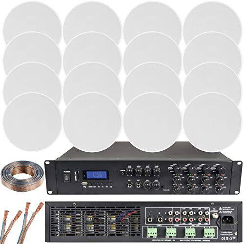 1600W Multi Zone Bluetooth Sound System | 8 Channel HiFi Matrix Amplifier Amp Kit | 16x 120W Low Profile Ceiling Speaker | Powerful Loud Wireless Music Streaming