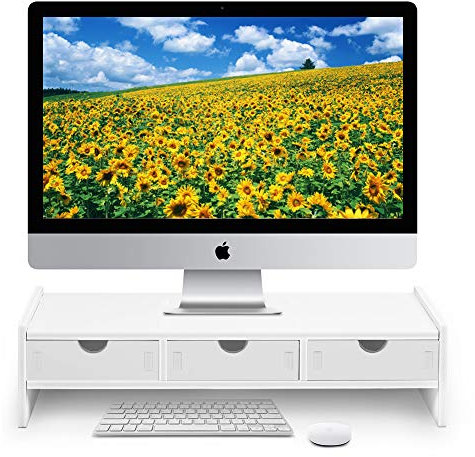 VALEN Monitorständer zur Erhöhung des Computers und Laptops mit 3 Organizer-Schubladen (weiß, 49,5 cm L x 19,5 cm B x 12,9 cm H) (weiß)