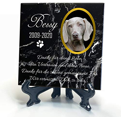 TULLUN Individueller Personalisiert Schwarz Natur Marmor Gedenkstein + Ständer für Hund, Katze und andere Haustiere - Größe 10 x 10 cm - Personalisiert Text und Foto