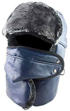 Russen Mütze Herren Russische Trapper Pu Warm Trooper Wintermütze Frauen Männer Bomber Hüte Plüsch Ohrenklappen Atmungsaktiver Hals Wasserdicht-Navy