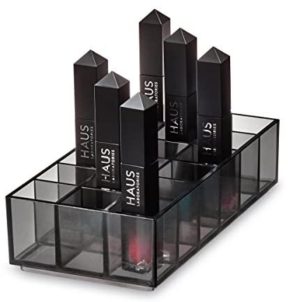 iDesign Lippenstift Organizer, Make-up Organizer für 18 Lippenstifte aus der Signature Series by Sarah Tanno, Kosmetik Aufbewahrung aus Kunststoff für Lippenstifte und Gloss, Grau
