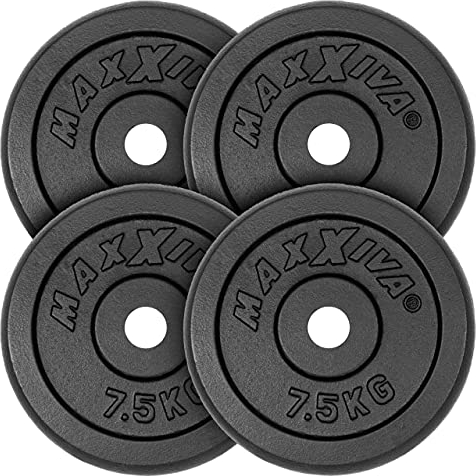 MAXXIVA Hantelscheiben 4 Set Gewichtsplatte je 7,5 kg Gusseisen schwarz 30 kg Fitness Krafttraining Bodybuilding Workout Gewichtheben Reha