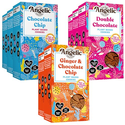 Angelic Free From 8 Pack Vegan & Gluten Free Cookies – Mixed Flavours (3 Chocolate Chip, 3 Double Chocolate, 2 Ginger & Chocolate Chip) – Allergen Safe, Dairy, Nut, Soya & Egg Free