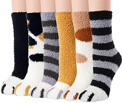 Ginmewrae Women Fuzzy Socks Cat Lovers Gifts 6 Pairs Cozy Soft Fluffy Slipper Socks for Women Home Sleeping Warm Socks Mothers Day Gifts
