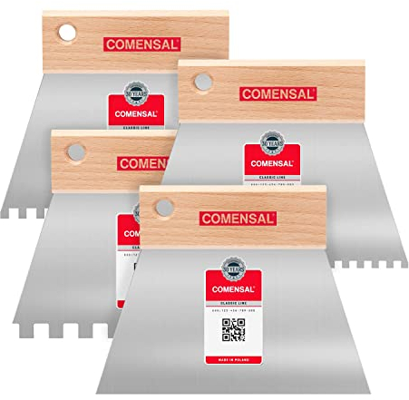 COMENSAL® Zahnspachtel - Kleberspachtel - 4er set 4x4 mm, 6x6 mm, 8x8 mm,150 mm - Trapezspachtel - Holzgriff - zum Auftragen von Kleber - Made in EU