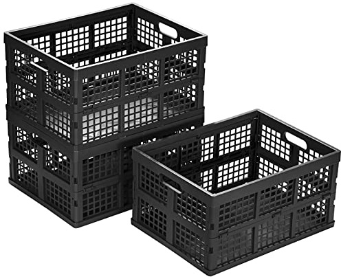 Eslite 34L Large Plastic Folding Storage Crates,Collapsible Crates for Storage,Pack of 3 (Black)