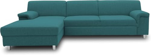 DOMO. collection Ecksofa Junin, Longchair Links mit Bettfunktion, Petrol | Longchair links mit Bettfunktion, L-Form Sofa, Metallfüße in Chromoptik, Schlaffunktion, 251 x 150 x 72 cm (BxTxH), petrol