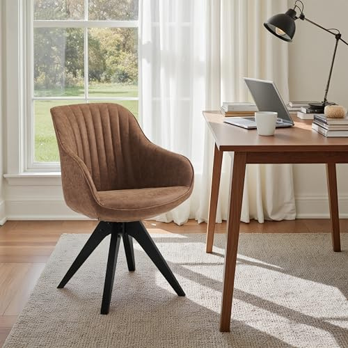 Zouron Esszimmerstühle Drehbar Sessel Braun Pu Leder Polsterstuhl Armlehnstuhl Küchenstuhl Massivholzbeine bis 130kg Belastbar Sitzfläche 43x43cm Schreibstuhl (Braun-Massivholzbeine-1 St.)