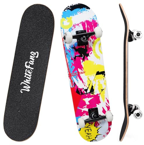 WhiteFang Skateboards for Beginners, Complete Skateboard 31 x 7.88, 7 Layer Canadian Maple Double Kick Concave Standard and Tricks Skateboards for Kids and Beginners (Pink Fantasy)