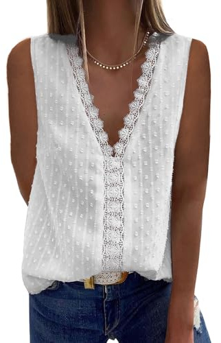 Coloody Blusa con Cuello en V para Mujer Camisa de Encaje Informal Sin Mangas Túnica de Color sólido Tops