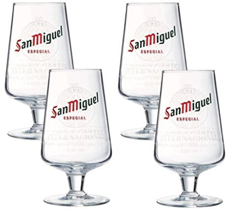 GarageBar | San Miguel Glass | Nucleated Stemmed Chalice Beer Glass | Official Merchandise | Comes with 2X Beer Drip Mats (4, Pint/20oz)