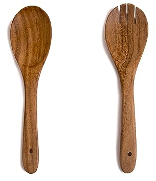 The Great Indian Bazaar Set di posate da insalata in legno di acacia, pinze per mescolare, forchetta e cucchiaio, utensili da portata per condire l'insalata, 25 cm (Marrone)