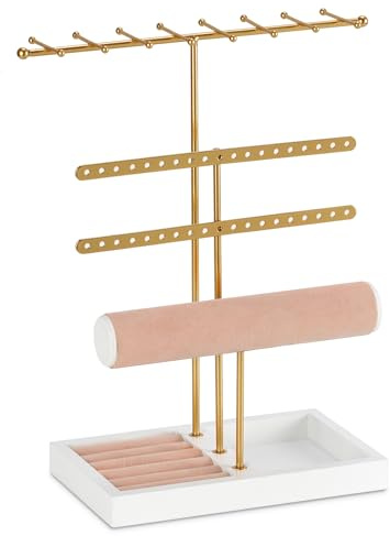 JAZUIHA Schmuckhalter, Organizer, 4-stöckig, goldfarben, Schmuckständer mit Halsketten-Organizer, Ohrring-Armband-Halter, Ringbox, Aufhänger zur Präsentation und Aufbewahrung, Raumdekoration, Geschenk