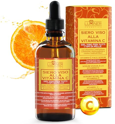 Siero Vitamina C 100ml, Siero Viso Acido Ialuronico, Formula Naturale Antirughe con Aloe Vera e Vitamina C-E, Contorno Occhi Idratante e Rimpolpante Made in Italy LUMINER