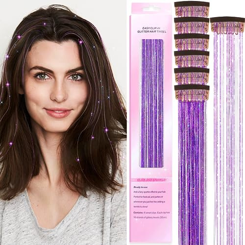 CWAWF Set di extension per capelli, capelli glitterati, extension per capelli, tinsel (viola clip)