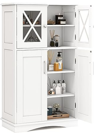 GIANTEX Badezimmerschrank, Badschrank Badmöbel Holz, Beistellschrank mit 4 Türen & Verstellbare Regalebenen, Badkommode Aufbewahrungsschrank Freistehend mit Kippschutz, 60 x 30 x 108 cm (Weiß)