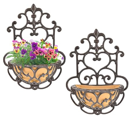 Sungmor 2 Pack Wall Hanging Planter Basket with Fabric Liner, Antique Victoria Style Cast Iron Wall Planter Holder, Outdoor Railing Fence Balcony Metal Hanging Basket Half Round Flower Pots