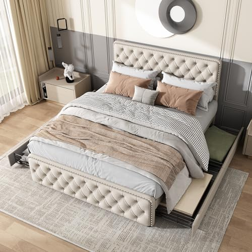 Polsterbett 140x200cm, Doppelbett mit Vier Schubladen, höhenverstellbares Kopfteil, Zuglaschen und Nieten an Kopf- und Fußende, Lattenrost aus Holz, Leinen Beige