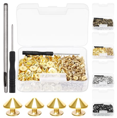 Swpeet Kit de 102 puntas y tacos dorados con herramientas de instalación, tornillos de remache rápido para cuero trasero, pernos punk, tacos y picos, tornillos de cono de bala para ropa, zapatos,
