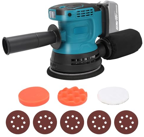 JUDANNA Levigatrice orbitale a batteria, 125 mm, compatibile con batteria Makita da 18 V, levigatrice orbitale da 125 mm, con carta vetrata, per levigare e lucidare metallo/legno