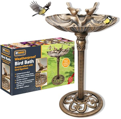 My Garden Bird Bath Freestanding Bronze Effect - Bird Bath Outdoor with Bird Figurines - Wide Shallow Design with 4 Ground Pegs - Weather Resistant & Perfect for Patios & Decks