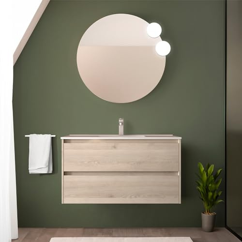 Mobile bagno sospeso 90 cm rovere bali con lavabo in ceramica ad incasso, 2 cassetti con chiusura soft-close, Linea GAYA