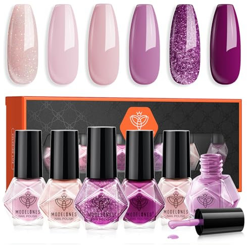 MODELONES Nagellack 6 Stück - Schnelltrocknend Rosa Lila Glitzer, Ungiftig Auf Wasserbasis, Langanhaltend für DIY Salon - Geschenk für Frauen Mädchen