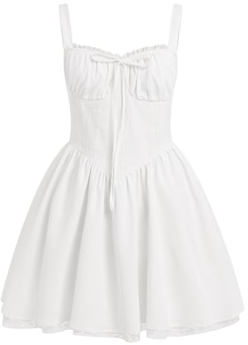 Odizli Abito da donna estivo sexy senza maniche con spalline sottili stile boho con fiori e pizzo, miniabito corto, bianco, M
