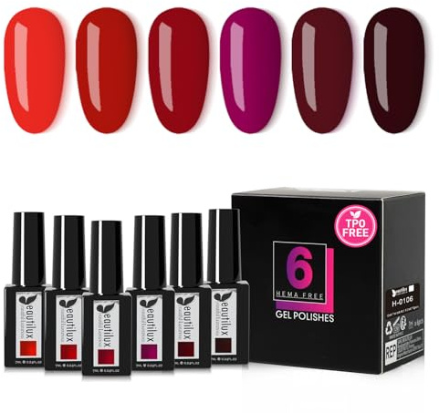 Beautilux UV Nagellack Rot TPO-Frei, 6 Farben 7ml Dunkelrot HEMA-FREE Gel Nagellack Set für Home-Maniküre Nail Art Maniküre (Rot Serie)