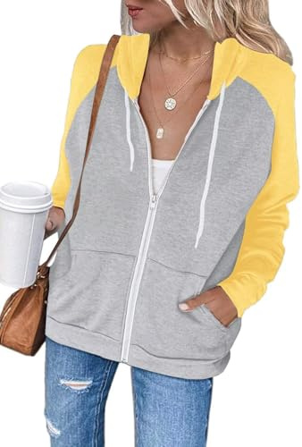 LACOZY Women's Zip Up Hoodies Loose Solid Sweatshirt Autumn Long Sleeve Drawstring Hooded Jackets Yellow L