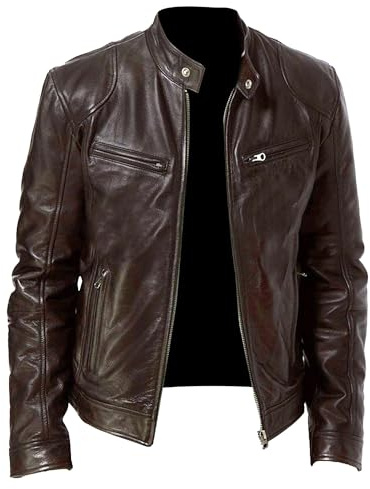 SWJGLITTR Men Slim Fit Motorcyle Leather Jacket Zip-Up Windbreaker Leather Jackets Lightweight PU Biker Vintage Coat, Coffee, Large