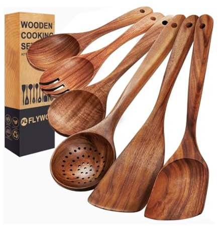 Click Bargain Kitchen Utensils Set, Utensils Tools, 6PCS Kitchen Utensils Set Includes Wok Spatula, Frying Spatula, Skimmer, Salad Fork Mixing Spoon, Serving Spoon (Teak Wood)