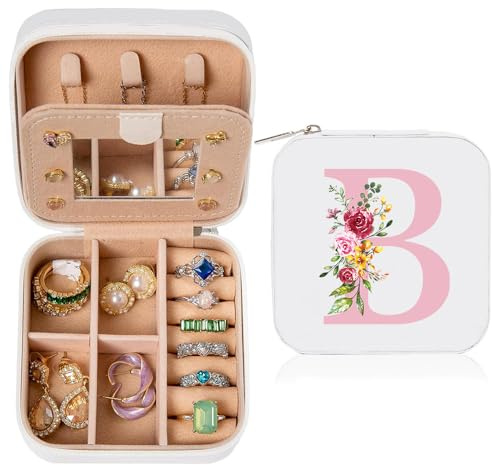 hamatata Cajas de Joyería Personalizadas Con Inicial, Pequeño Joyero de Viaje con Espejo, Joyero Viaje, Joyero Pequeño para Mujer Niña Regalo de Cumpleaños Navidad Día de la Madre Blanco(B)