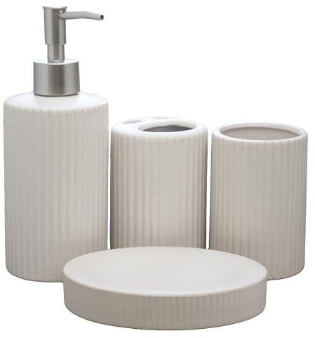 Set Of 4 Ceramic Bathroom Accessories Ribbed Dispenser Dish Toothbrush Tumbler (White)