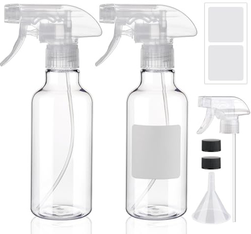 Hethyo Sprayflaskor 16 oz 2-pack tomma sprayflaskor i plast för hårdimma/ström sprayning kraftiga fyrkantiga vattensprayflaskor för rengöringslösningar, växter, eteriska oljor